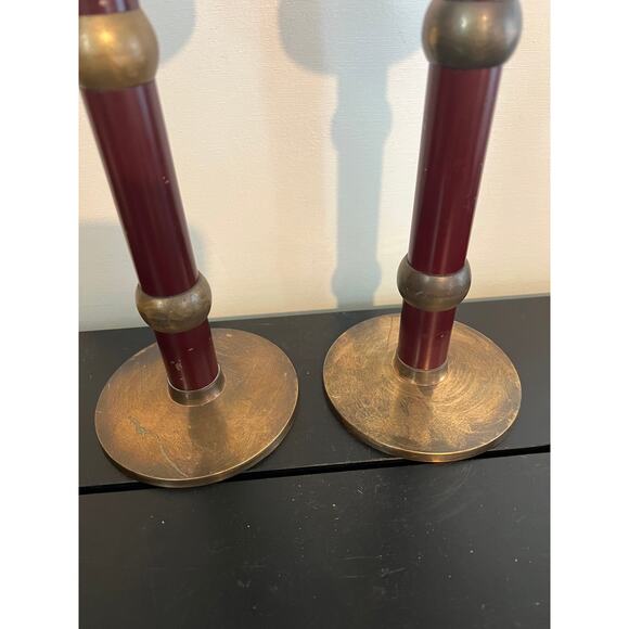 S/2 Vintage 1995 Brass and Wood Candlesticks - Picture 4 of 5